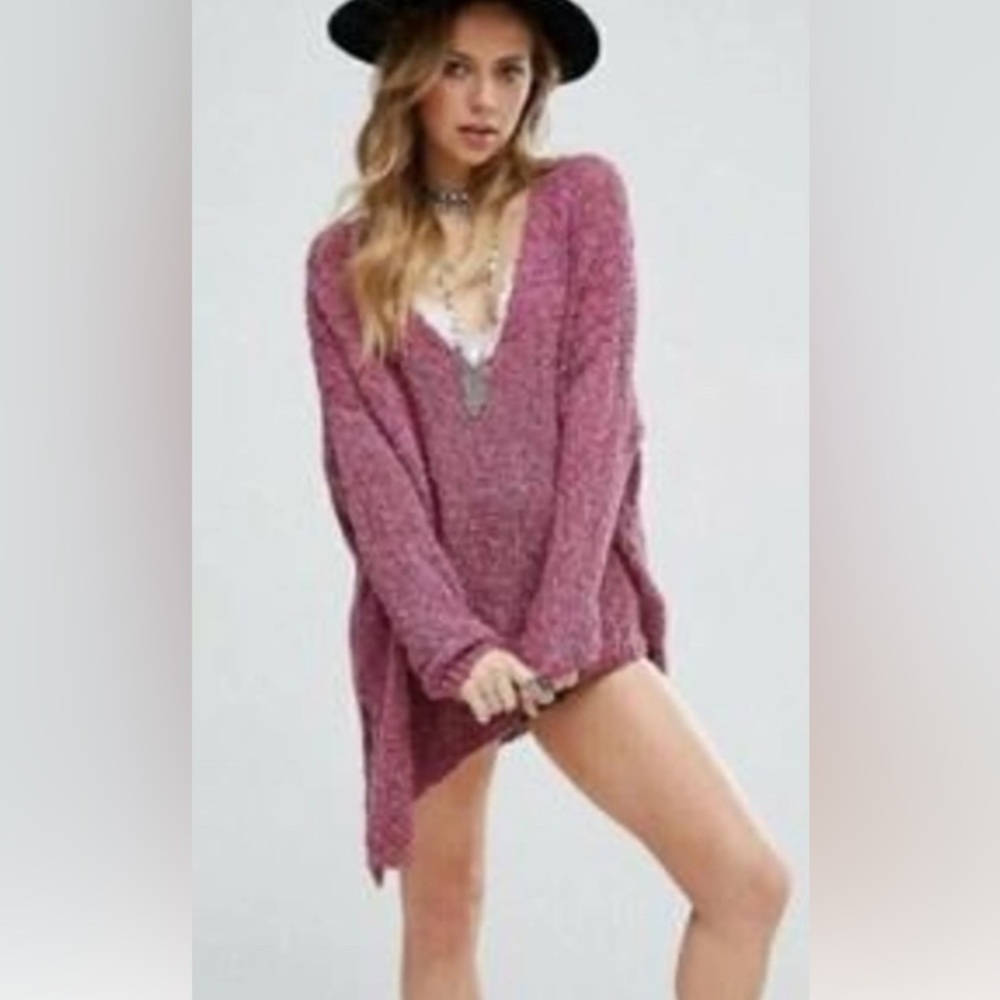 NWT Free People Pointelle Asymmetrical Knit Sweater Purple Oversized Small $120